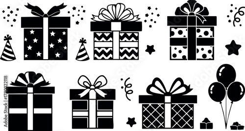 Black silhouette gift boxes with ribbons stars balloons and party hats festive celebration design vector
