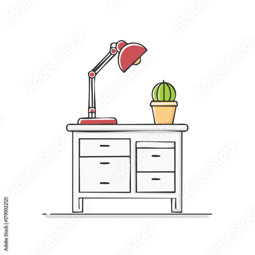 Red Lamp and Cactus on White Dresser Vector Illustration Outline