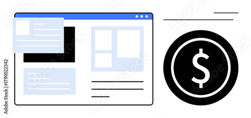 Web page interface with various sections and a dollar coin symbol representing online finance, e-commerce, advertising income, digital marketing, financial success, fintech, simple flat metaphor