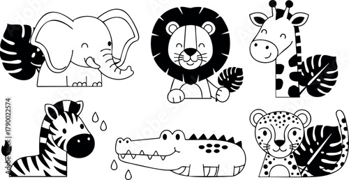 Cute cartoon wild animals including elephant lion giraffe zebra crocodile and leopard in black and white vector illustration