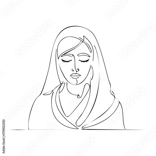 Single line art of a woman in headscarf, portrait with eyes closed