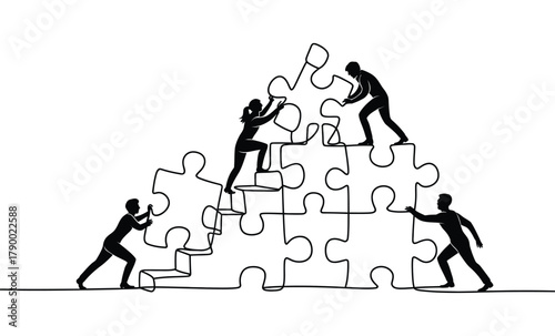 Teamwork illustration with silhouetted figures assembling puzzle structure, symbolizing collaboration, problem-solving, and shared goals