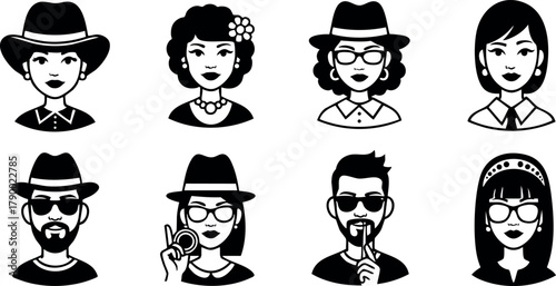 Eight diverse faces with hats glasses and accessories in black and white style vector illustration
