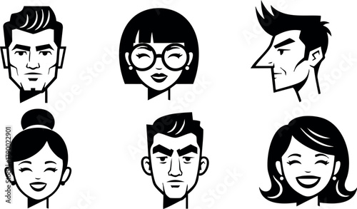 Diverse young male and female faces with various hairstyles and expressions vector icons collection