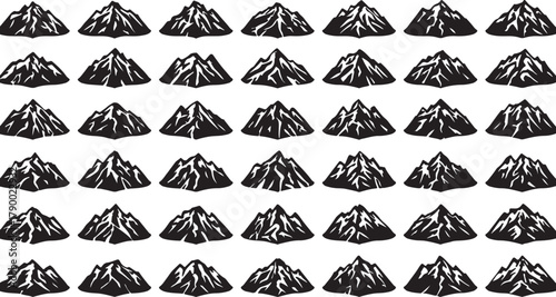 A Grid of 35 Black Mountain Silhouettes with Detailed Peaks and Textures on a White Background mountains