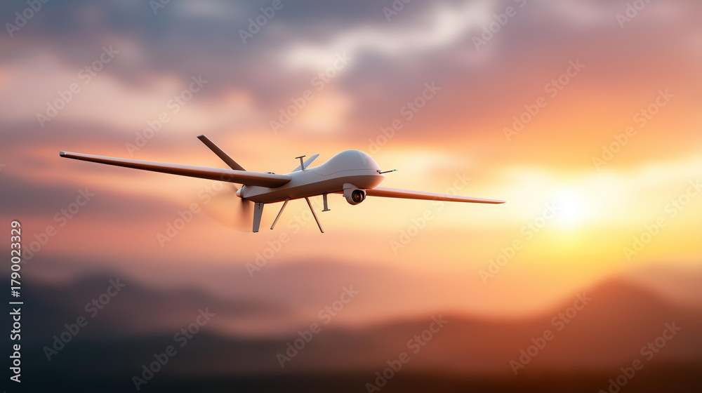 Fototapeta premium Unmanned military drone in flight defocused sky surveillance, faceless aerial mission, reconnaissance visualization detail, blurred atmospheric background, military concept, UAV in