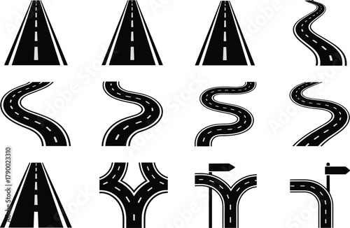 Collection of stylized road icons with straight and winding paths Keywords: road, highway