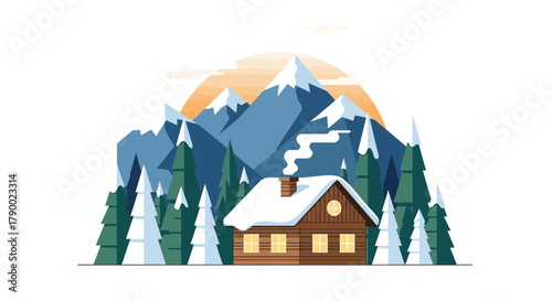 Cozy wooden cabin nestled amongst snow covered pine trees with majestic mountains and warm sunset glow in the background