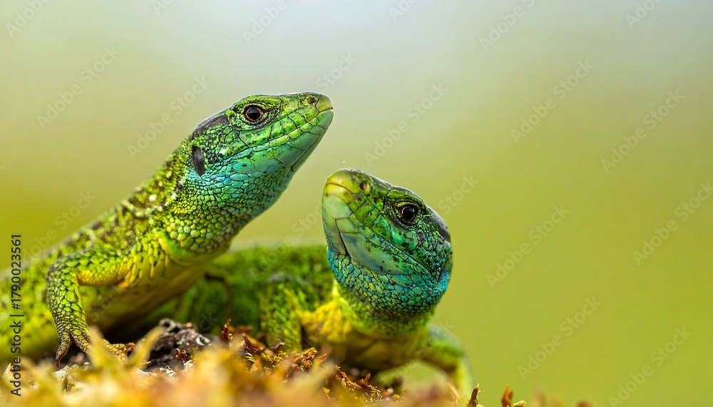 Fototapeta premium Two European Green Lizards basking in the sun, close-up.