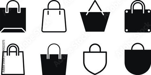 Eight Black and White Shopping Bag Icons on White Background shopping icon retail icon