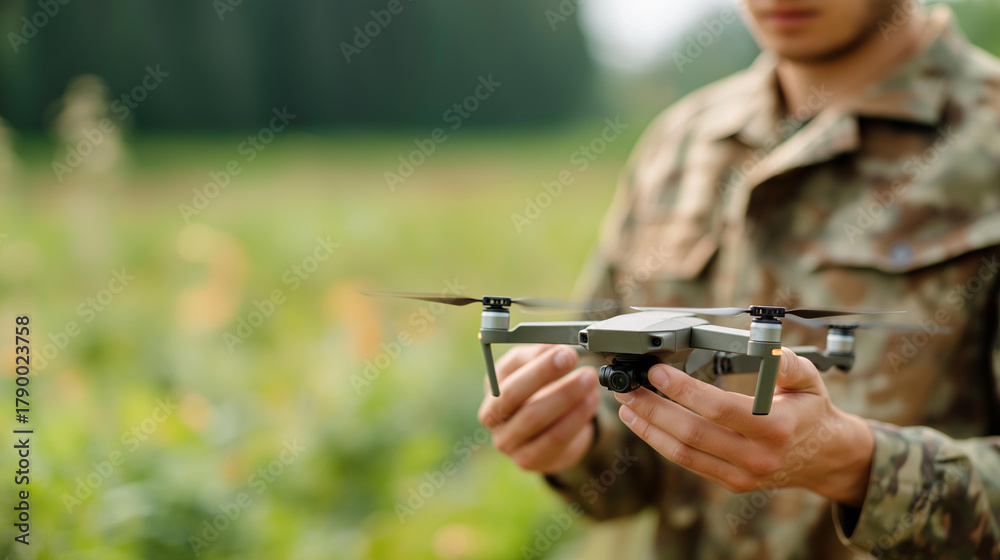 Fototapeta premium Soldier operating drone in field defocused camouflage gear, faceless reconnaissance mission, tactical visualization detail, blurred hovering background, military concept, control i