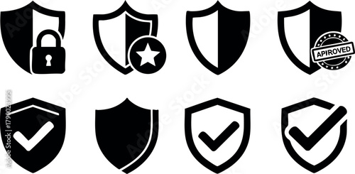 Security shield icons set with lock star check mark and approved label simple black design vector