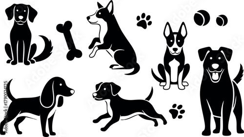 Dog silhouettes collection with bones paws and balls vector design in black and white style for pet lovers and animal themes