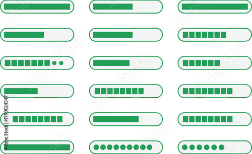 Green progress bars and loading indicators in various stages of completion loading bar
