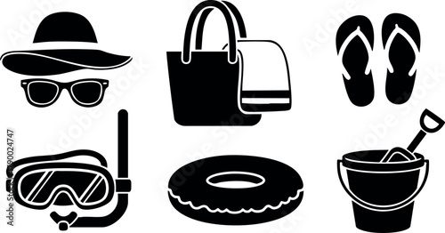 Summer beach accessories icons vector set including hat, sunglasses, bag, flip flops, snorkel gear, float ring, and sand bucket for travel and leisure use