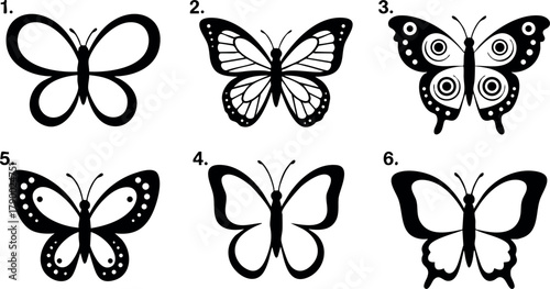 Butterfly silhouettes set with six different black vector designs for nature and insect illustration collection