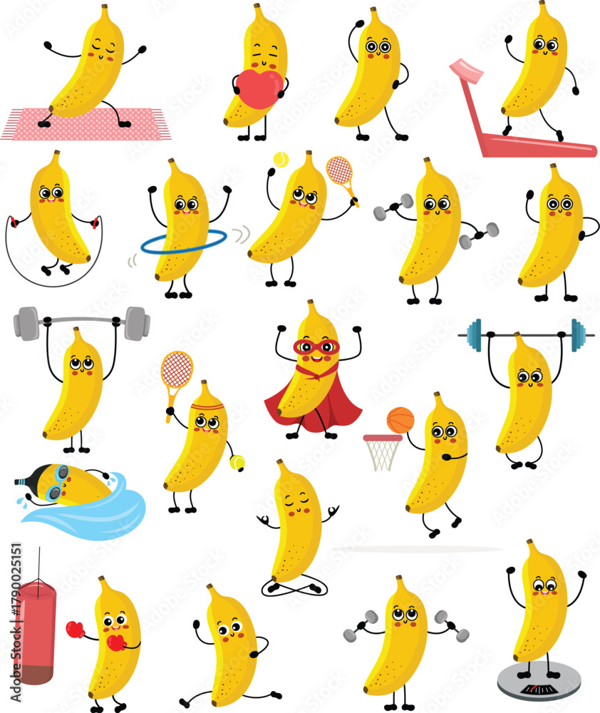 Naklejka premium Fun Collection of Energetic Banana Characters Exercising and Playing Sports