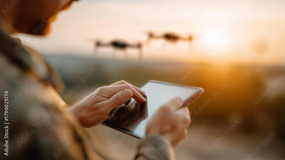 Obraz premium Soldier using tablet controlling military defocused drone, faceless combat operation, tactical visualization detail, blurred zone background, battlefield technology concept, contro