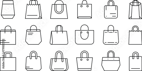 Outline icons of shopping bags in different shapes and handle styles paper bag tote bag