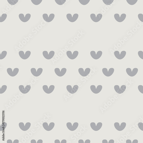 Ultra-minimalist vector seamless pattern of simple, rounded pale gray hearts repeating in horizontal rows on a light off-white background, perfect for clean, serene contemporary design.