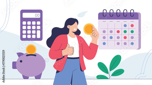 Woman holding coin with thumbs-up gesture, surrounded by piggy bank, calculator, and calendar, symbolizing financial planning and savings
