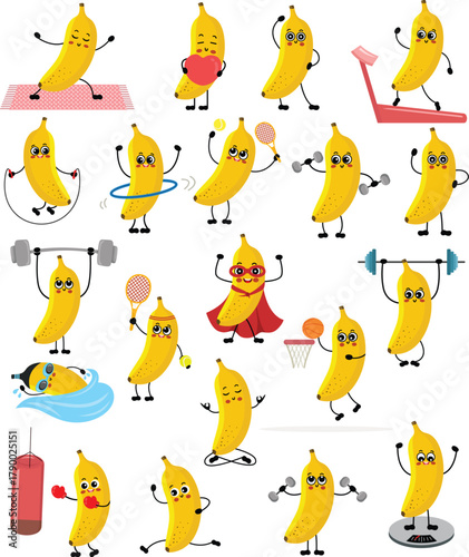 Fun Collection of Energetic Banana Characters Exercising and Playing Sports