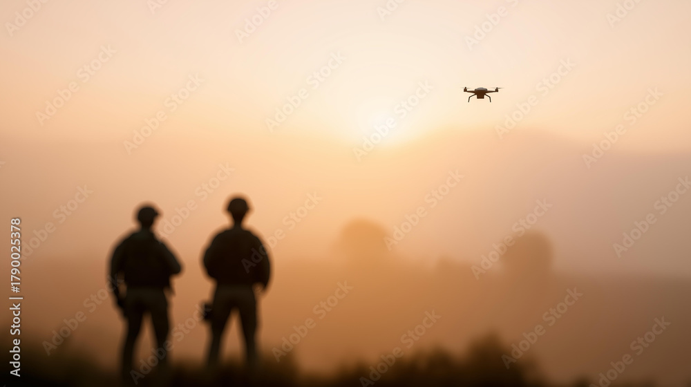 Obraz premium Soldiers and drone silhouettes in defocused foggy landscape, faceless technological warfare, navigation visualization detail, blurred dawn background, mystery concept, combat inter