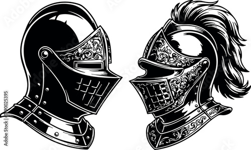 Medieval knight helmets with detailed engraving and plume vector illustration for historical armor design and vintage warrior costume elements