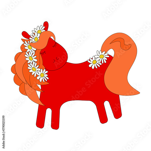 Red horse with a wreath of daisies