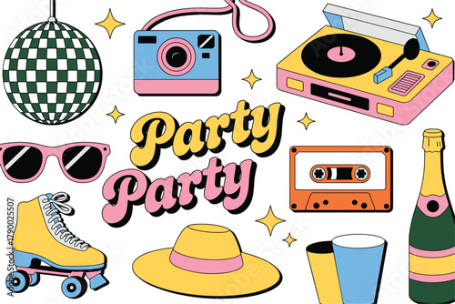 Retro 1980s Party Elements With Disco Ball And Roller Skates sunglasses camera
