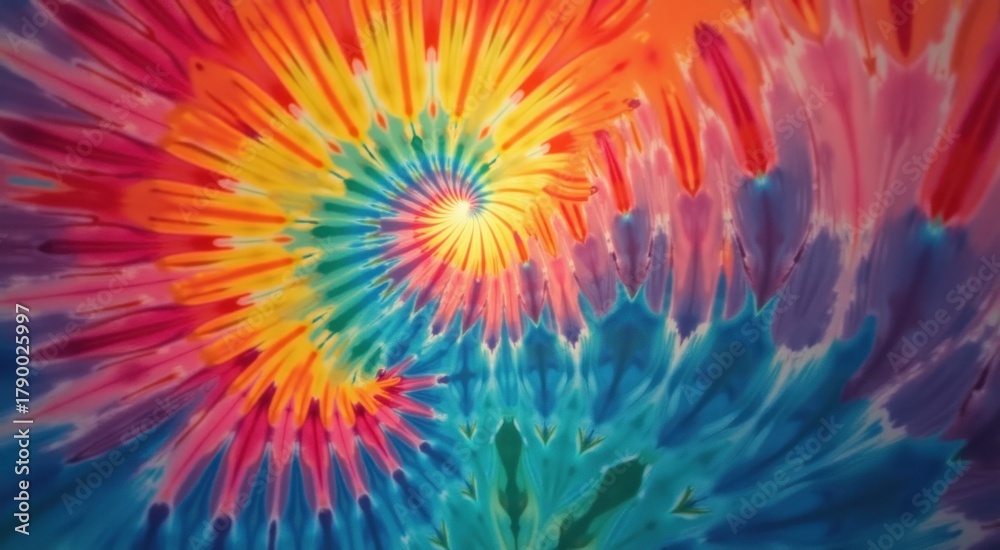 Obraz premium Brightly colored tie dye background with a flower in the center