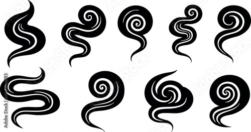 Abstract smoke swirl shapes vector set with black curved lines and ornamental design elements for creative projects