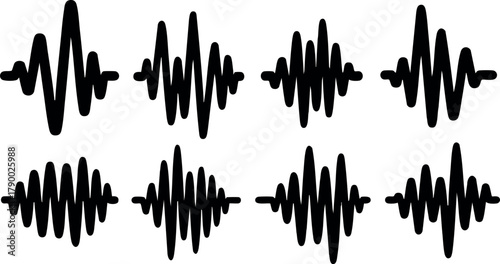 Sound wave vector set with various black waveform shapes and audio signal patterns for design and music projects