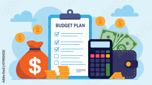 Budget planning illustration with clipboard checklist, money bag, coins, calculator, wallet, and currency symbols for financial management