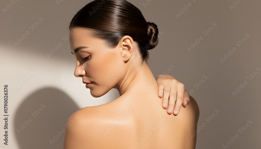 Obraz premium Woman with closed eyes and clear glowing skin with a hand touching her shoulder. Skincare and beauty concept for wellness advertisement.