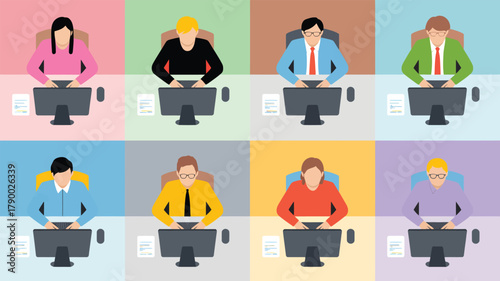 Stylized grid of diverse individuals working at desks with computers, modern remote office concept highlighting productivity and inclusion