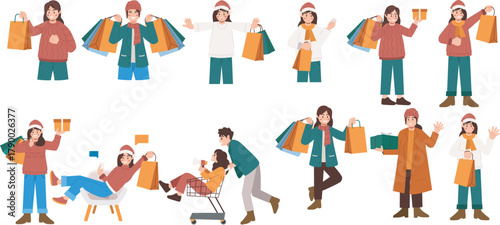Holiday Shopping Characters Illustration – Christmas Winter Sale People