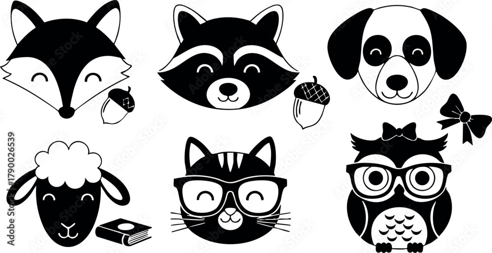 Obraz premium Cute animal faces with glasses and accessories including fox, raccoon, dog, sheep, cat, and owl in black and white vector design