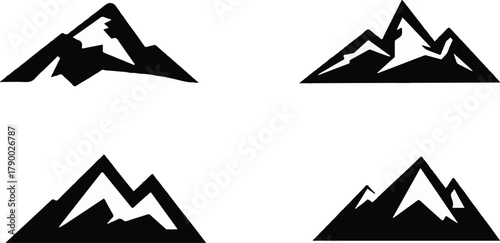 Four simplified black silhouette icons of mountain peaks with triangular shapes and internal lines