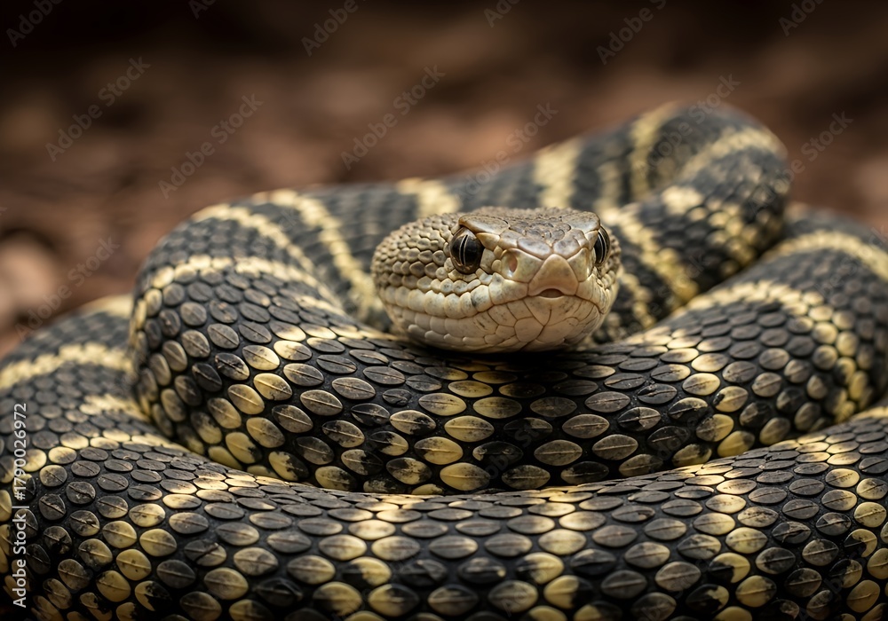 Fototapeta premium Intense close-up of a coiled venomous bush viper snake, displaying intricate scale patterns and a watchful gaze
