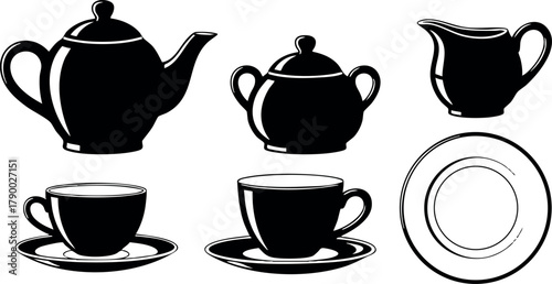 Black silhouette tea set with teapot, sugar bowl, creamer, cups, saucers in classic style vector illustration