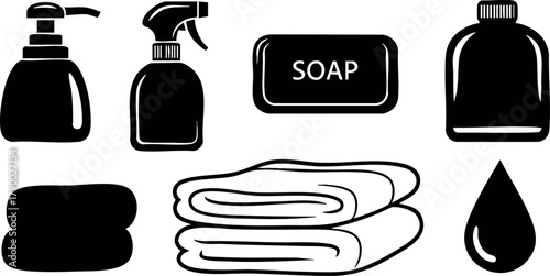 Hygiene and cleaning essentials with soap dispenser spray bottle bar soap towel and water drop vector illustration