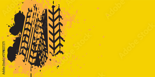 Race car track. Sport racing poster design. Road checker frame. Rally speed drive. Formula competition finish stripe. . Auto tire wheel print. Tyre drift. Street dirt. Grunge yellow banners vector set