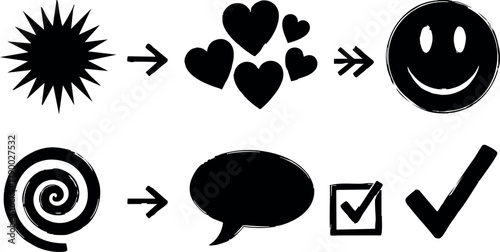 Abstract vector icons showing sun hearts smile and spiral speech check mark symbols in black silhouette style