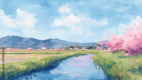 水辺に咲く桜と田園の春風景 水彩風イラスト 背景素材