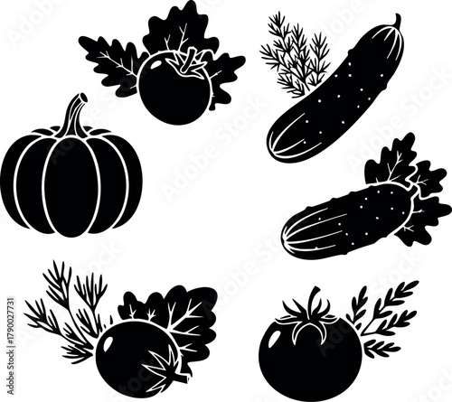 Black silhouette of pumpkin tomato cucumber and radish vegetables vector art design for healthy food and gardening concept