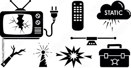 Broken television with cracked screen and static signal remote control and communication icons vector illustration