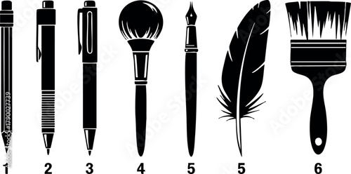 Set of six black art and writing tools icons including brush pen feather and paintbrush vector illustration