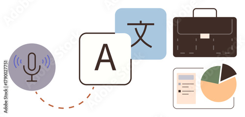 Microphone, text blocks with letters in different languages, suitcase, chart, and document icons. Ideal for translation, communication, technology, education business marketing global reach