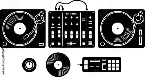 DJ turntable set with mixer and vinyl records vector illustration for music and entertainment design